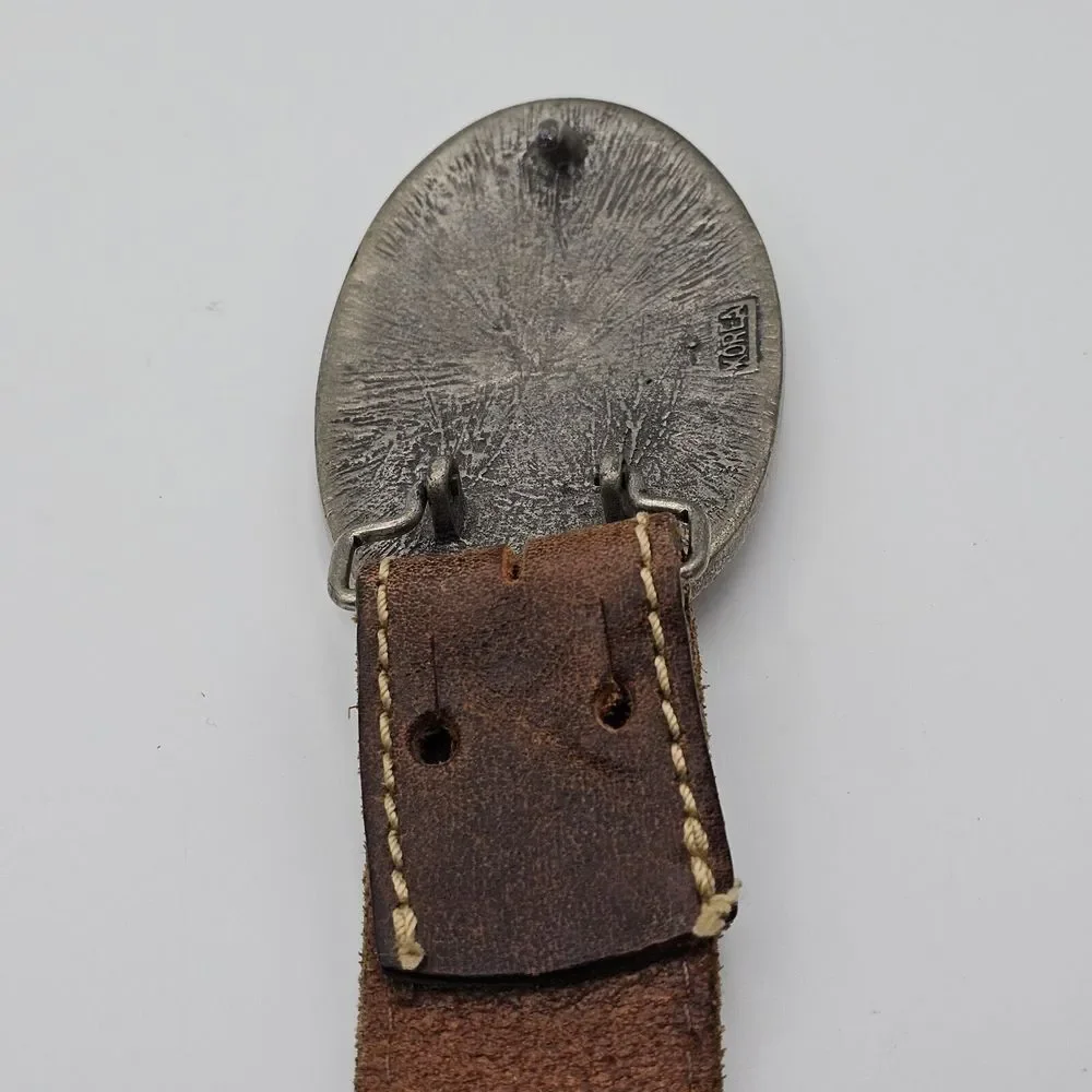 Vintage Brown‎ Leather Belt Men's Majestic Eagle with Flag Buckle Inlay Men's